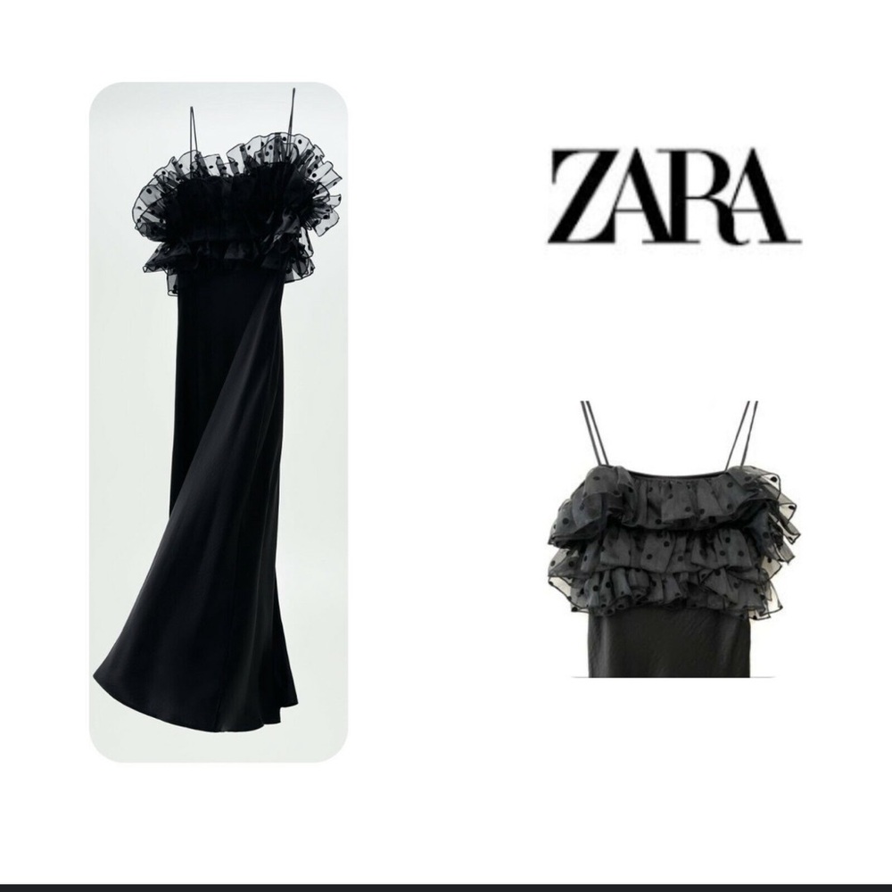 Zara Black Ruffled Maxi Dress with Polka Dot Tulle